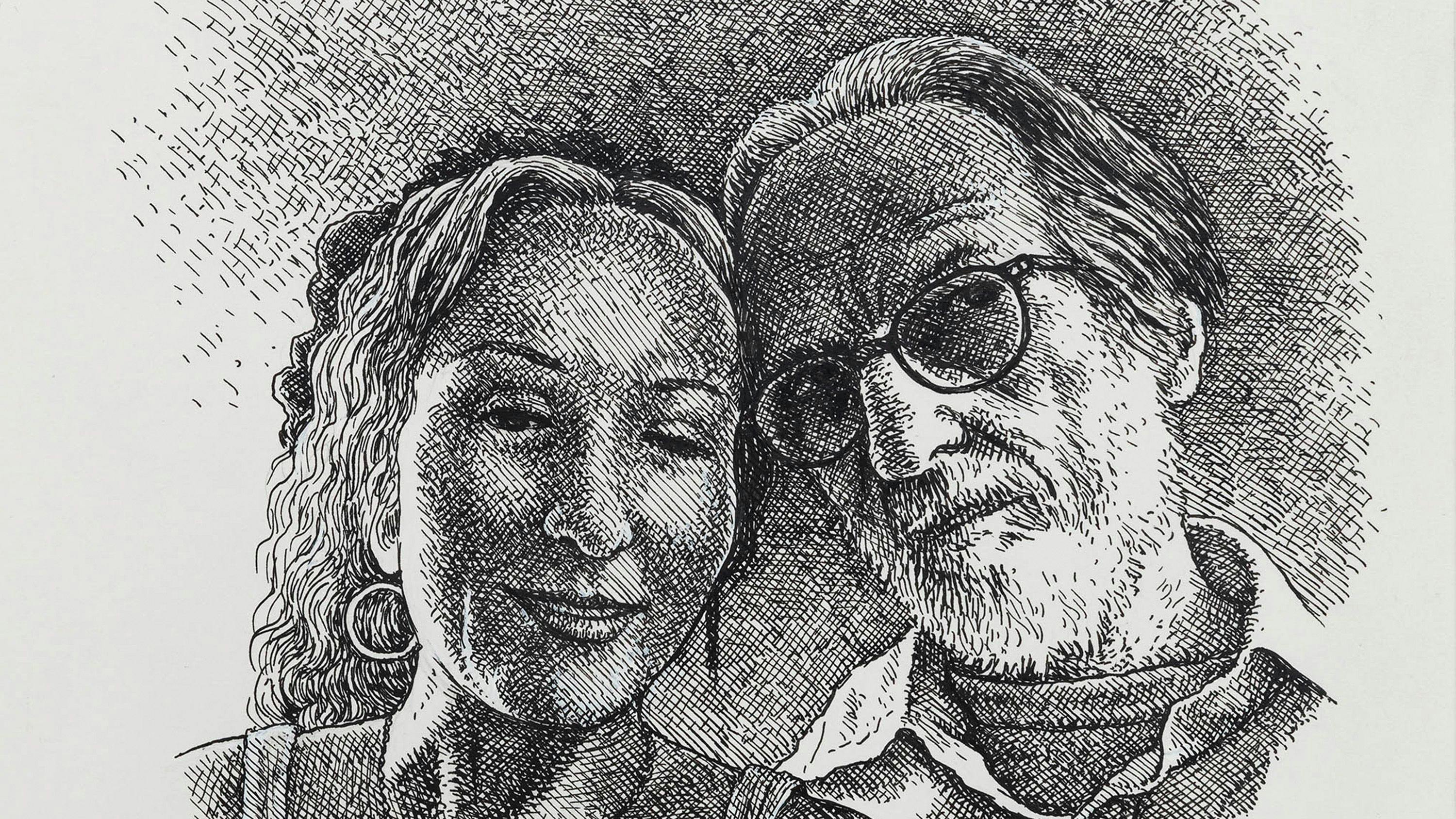 A detail from an R. Crumb drawing titled, "That Wacky Cartoon Couple Aline & R. Crumb" dated 2021